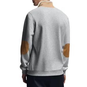 Back view of men's grey vintage sweatshirt with brown elbow patches and fleece collar