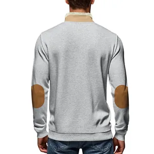 Rear view of a grey men's sweatshirt with vintage brown elbow patches and fleece collar.