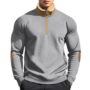 Men's retro grey sweatshirt with brown half-zip collar and faux-fur lining detail