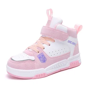 Baskets montantes roses et blanches pour enfants avec fermeture velcro et lacets mode
