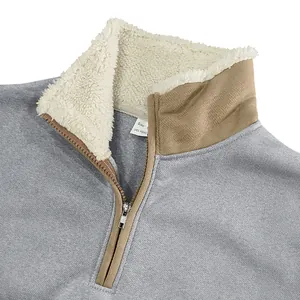 Detailed view of men's retro half-zip sweatshirt featuring a warm sherpa-lined collar