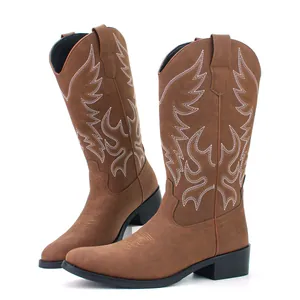 Men Vintage Western Cowboy Boots Mid-Calf PU Leather Boots With Embroidery Retro Zipper Knight Boots Chunky Heel Work Boots