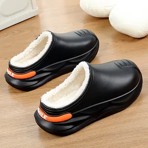 Men's Winter Warm Plush Lined Garden Shoes Waterproof EVA Thick Sole Clogs Outdoor Casual Slip-On Home Cotton Slippers JF661