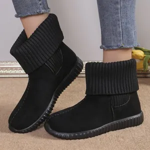 Women's Winter Snow Boots Warm Knit Cuff Flat Round Toe Short Boots PU Anti-Slip Casual Outdoor Mid-Calf Boots Plus Size