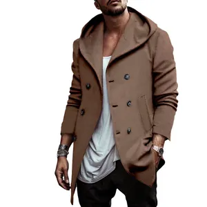 Lässiger mittellanger zweireihiger Herren-Trenchcoat mit Kapuze in Kaffeebraun Farbe