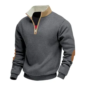 Retro men's charcoal grey half-zip sweatshirt featuring sherpa-lined collar and elbow patches
