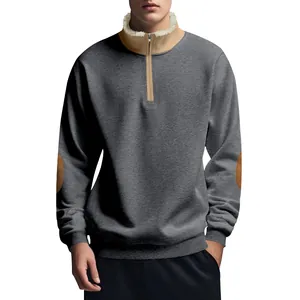 Close-up of men's vintage half-zip sweatshirt with fleece lining and elbow patches