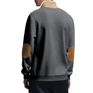 Back view of grey men's retro sweatshirt with brown elbow patches and fleece collar