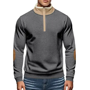 Detailed shot of a vintage American half-zip sweatshirt with elbow patches and fleece collar