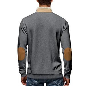 Detailed back view of grey men's sweatshirt featuring brown elbow patches and sherpa collar