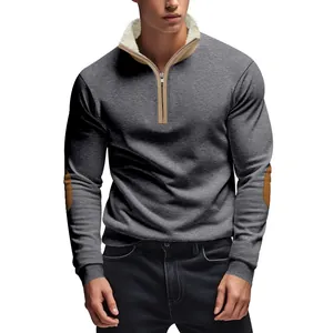 Detail view of men's vintage grey half-zip sweatshirt with sherpa-lined collar