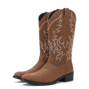 Classic brown mid-calf cowboy boots for men with intricate white western embroidery.