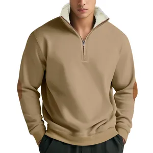 Men's retro American khaki sweatshirt with half-zip fleece collar and elbow patches