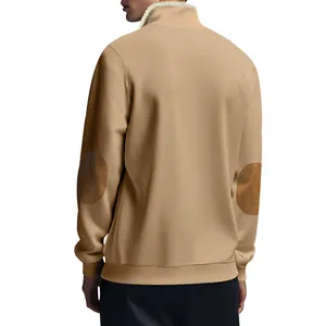 Back view of khaki half-zip sweatshirt with elbow patches and sherpa collar detail