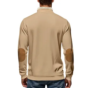 Back view of a khaki men's vintage sweatshirt featuring classic brown elbow patches