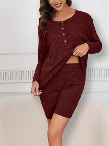 Μπορντό ριμπ πλεκτό σετ loungewear 2 τεμαχίων με μακρυμάνικη μπλούζα και σορτς