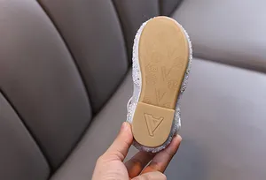 Macro detail showing the non-slip rubber sole of girls' silver rhinestone princess dance shoes.