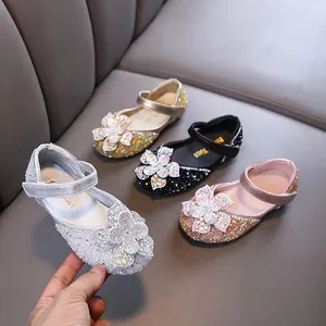 Toddler Kids Girls Rhinestone Flower Princess Mary Jane Shoes Elegant PU Non-slip Dance Performance Party Dress Shoes Silver Pink Black Gold