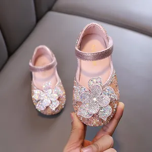 Elegant pink rhinestone princess shoes for girls with large floral crystal accent