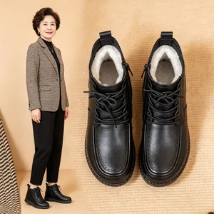 Bottes d'Hiver en Cuir Véritable pour Femmes Cuir de Vachette Première Couche Doublé de Laine Chaussures Chaudes Antidérapantes avec Fermeture Éclair