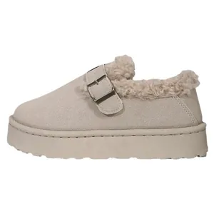 Modieuze dames platform pluche warme pantoffels met gesp beige winter instappers