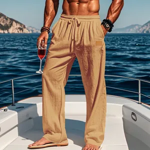 Pantaloni a Gamba Dritta con Coulisse in Lino da Uomo Pantaloni da Spiaggia Casual Estate Sottile Cotone Lino Traspirante Leggero Tinta Unita Moda Uomo Pantaloni Lunghi