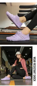 Asian female model wearing purple barefoot fitness shoes in a professional gym setting