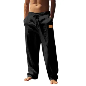 Close-up of black men's breathable linen casual pants with drawstring waist and loose fit