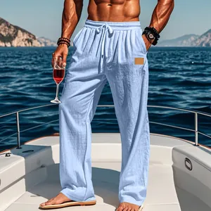 Premium light blue men's linen drawstring casual beach pants featuring a straight leg fit