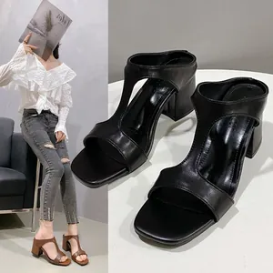 Stylish square toe T-strap block heel sandals for women available in black and brown colors
