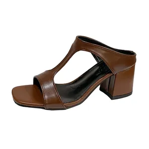 Elegant women's brown square toe block heel sandals with T-strap design for summer fashion