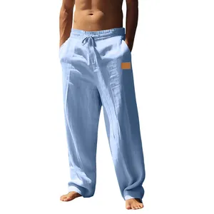 Front view of men's light blue breathable linen casual trousers with drawstring