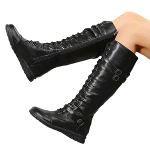 Stylish black lace-up knee-high knight boots with low heel and round toe for women