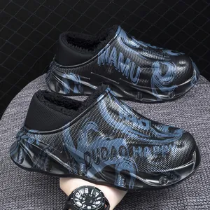 Men Outdoor Warm Waterproof Cotton Slippers Graffiti Alphabet Print Fleece Lined Clogs Thick Sole Winter Home Casual Shoes