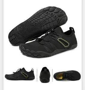 Detailed multi-angle views of black barefoot water shoes for outdoor and gym activities