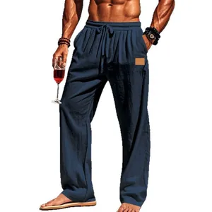 Men's casual cotton linen drawstring pants with straight leg design for beach wear