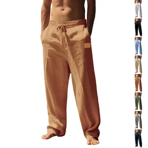 Men's Casual Linen Blend Straight Leg Pants Loose Fit Drawstring Waist Solid Color Beach Trousers