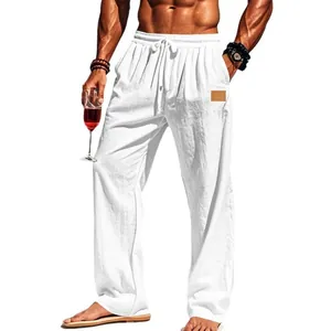 Men's white cotton linen drawstring straight-leg trousers for beach and casual wear
