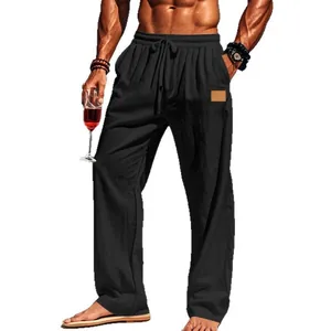 Men's casual black cotton linen drawstring straight-leg beach trousers for summer