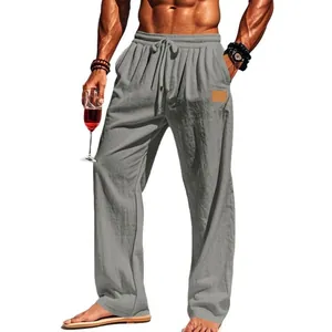 Men's casual gray cotton linen drawstring trousers with straight leg and breathable fabric