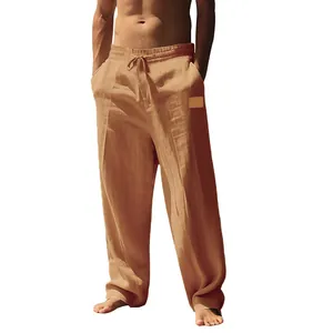 Detailed close-up showing the breathable texture of men's loose linen casual pants