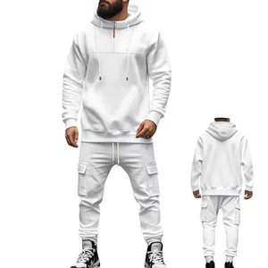 Vorder- und Rückansicht des weißen Herren-Fleece-Trainingsanzugs mit Kapuzenpullover