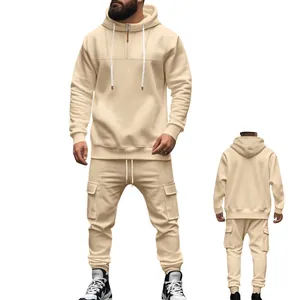 Beigefarbener Herren-Fleece-Trainingsanzug mit Kapuzenpullover und Cargo-Jogginghose