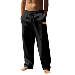Breathable black cotton linen drawstring pants for men with loose fit for beach or casual wear