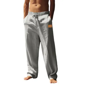Men's loose linen drawstring casual pants for summer breathable straight-leg trousers