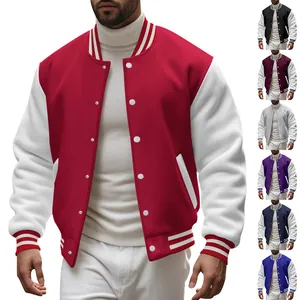 Heren fleece baseballjack met contrastmouwen en gestreepte kraag voor de herfst.