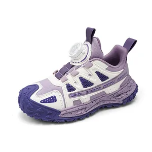 Purple and white kids' chunky sports shoes with easy rotating buckle closure