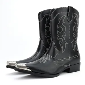 Heren Vintage Westers Cowboylaarzen Geborduurd Kuitlaars Met Metalen Neus Casual PU Leren Schoenen