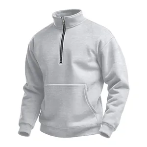 Sweat-shirt Homme Tricot Gaufre Demi-Zip Décontracté Manches Longues Pull Col Montant Poche Kangourou Automne Extérieur Top
