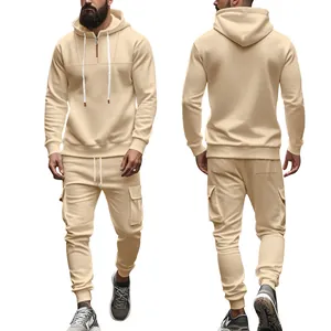 Vorder- und Rückansicht von Herren Beige Fleece Trainingsanzug Hoodie und Jogger